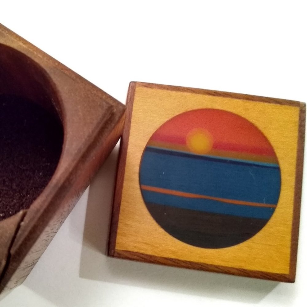 Robert McKeown "Sunrise" Wood Stamp Trinket Box signed 1979